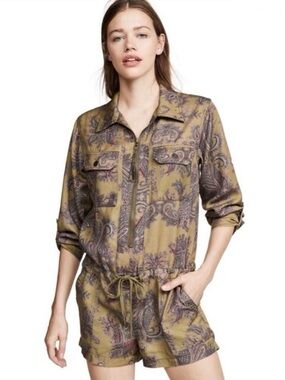 Pam & Gela Paisley Lyocell Utility Romper Olive Green